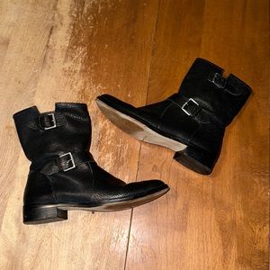 J Crew Black Pebbled Leather Buckle Strap Moto Biker Boots